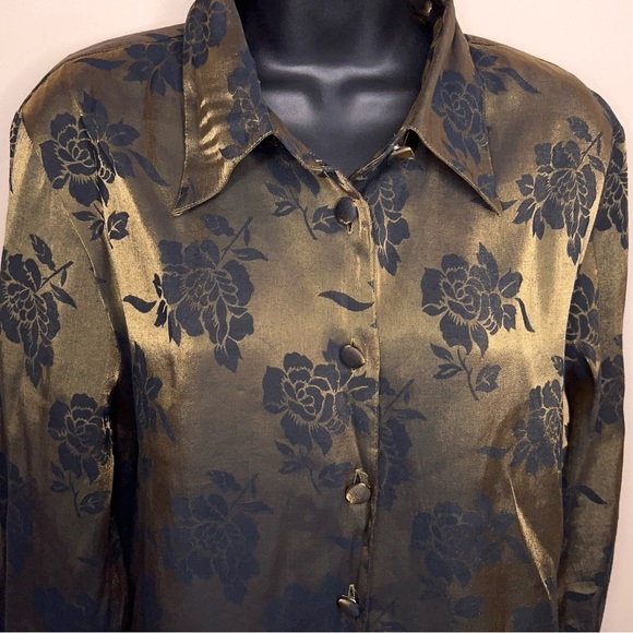 Vintage 90s Size 14 Christie And Jill Green Iridescent Floral Button Up Blouse - Picture 6 of 14